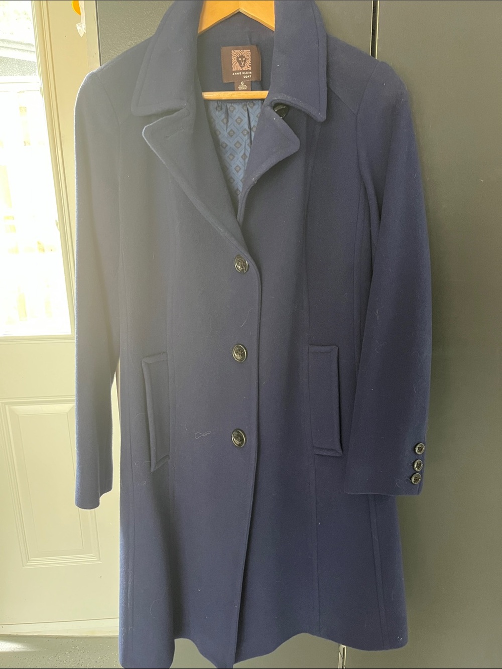 Anne Klein Navy Single-Breasted Wool-Blend Pea Coat